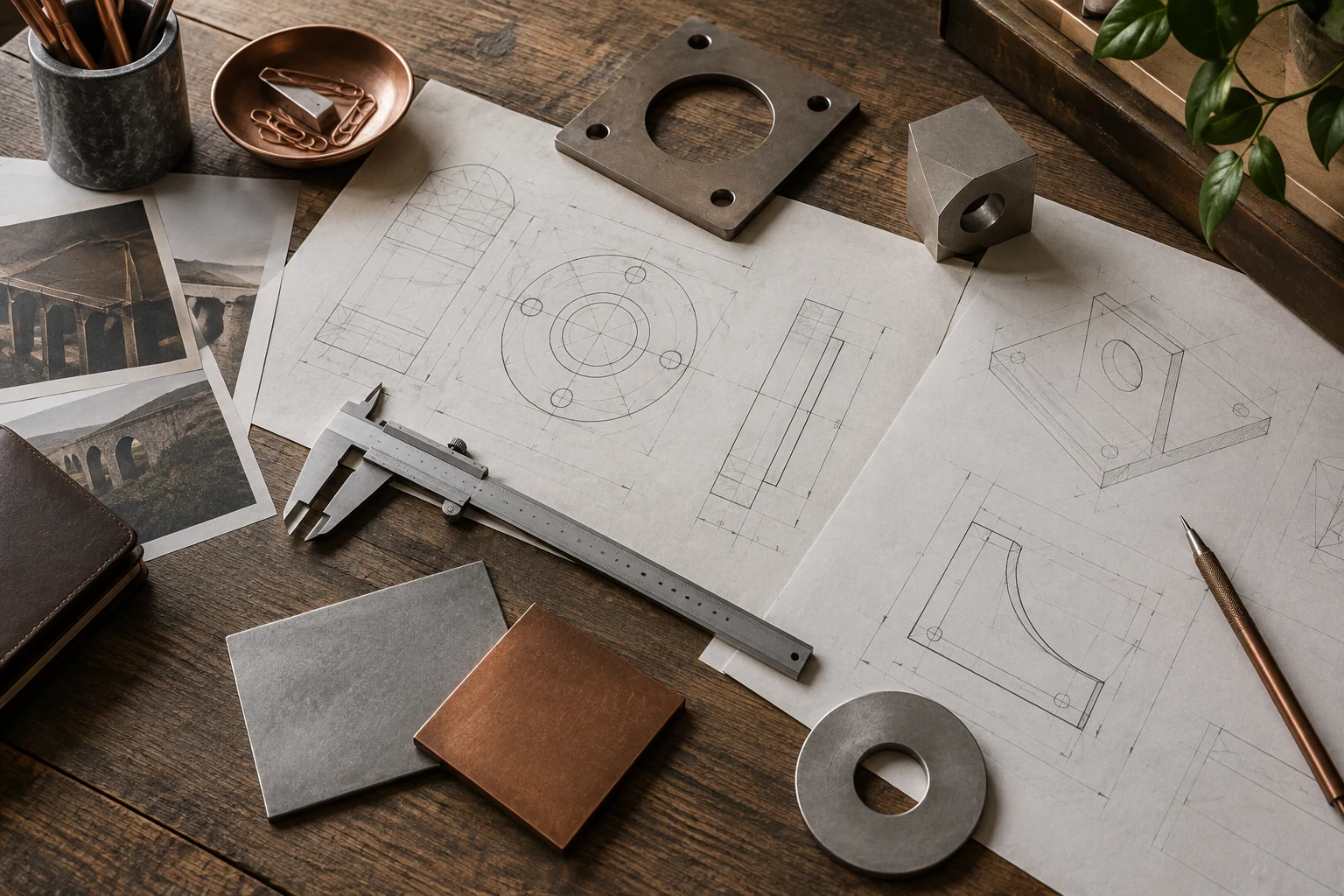 Sketch sheets, a caliper and metal samples on a product designer’s desk.