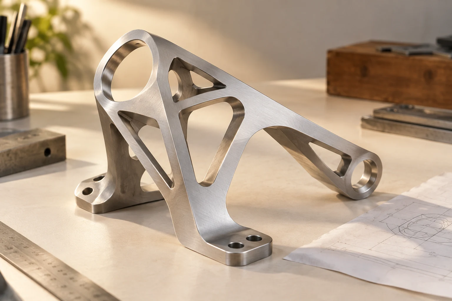 A sculptural brushed-metal prototype on a softly lit design workbench.
